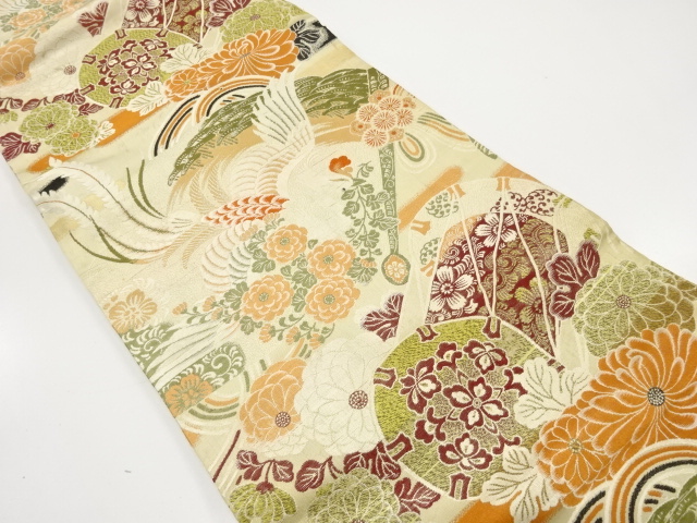 JAPANESE KIMONO / ANTIQUE NAGOYA OBI / WOVEN PHOENIX WITH FAN & KIKU